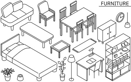 Illustration of furniture needed for new life, simple isometric, black and white, Vector Illustrationのイラスト素材