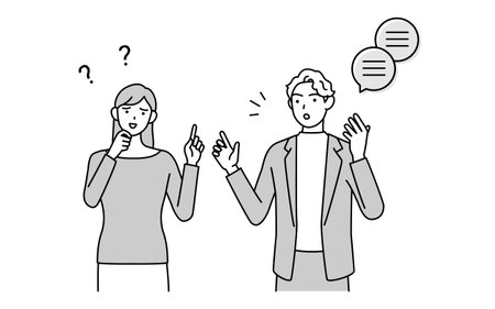 English conversation, Japanese woman who cannot understand English pronunciation of white man, Vector Illustrationのイラスト素材