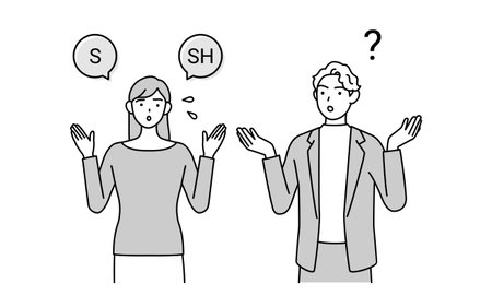 English Conversation, Japanese Woman Struggles with English Pronunciation of "l" and "r" for Caucasian Men, Vector Illustrationのイラスト素材