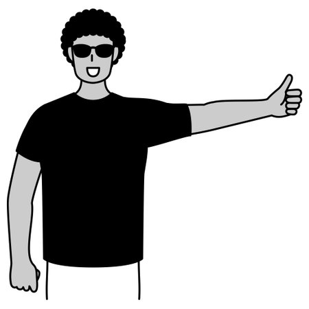 Young Black Man hitchhiking with thumbs up, Vector Illustrationのイラスト素材