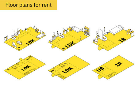 Moving floor plan image, 2LDK, isometric illustration with simple line drawings, Vector Illustration