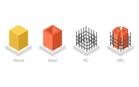 Illustrative illustrations of building structures, isometric illustrations of wood, steel, reinforced concrete, and steel-framed reinforced concrete, Vector Illustrationのイラスト素材