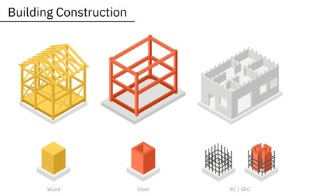Illustrative illustrations of building structures, isometric illustrations of wood, steel, reinforced concrete, and steel-framed reinforced concrete, Vector Illustrationのイラスト素材