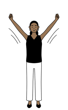 African-American senior woman doing radio calisthenics, preparation for accident prevention, Vector Illustrationのイラスト素材