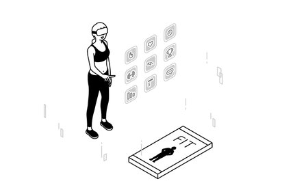 VR fitness, woman wearing VR goggles and manipulating panels in the air, Vector Illustrationのイラスト素材