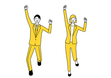 Simple line drawing illustration of businessman and businesswoman in a suit smiling and jumping.のイラスト素材