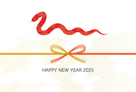 Simple New Year's card for the year of the snake 2025,  Japanese Pattern background with mizuhiki and red snake, Vector Illustrationのイラスト素材