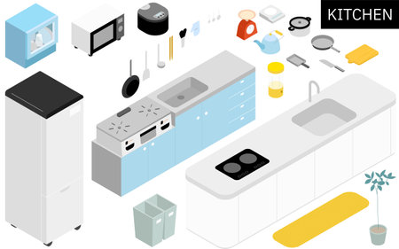 Isometric illustration of kitchen utensils needed for new life, Vector Illustrationのイラスト素材
