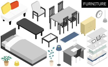 Isometric illustration of furniture needed for new life, Vector Illustrationのイラスト素材