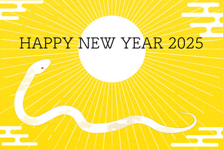 New Year's postcard for the year of the Snake 2025, New Year's sunrise and white snake, New Year's postcard material - Translation: Thank you again this year.のイラスト素材