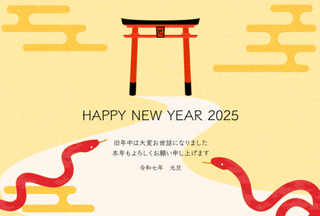 New Year's postcard for the year of the snake 2025, a snake heading for the torii gate of a shrine for the first time, New Year's postcard material - Translation: Thank you again this year. Reiwa 7. Snakeのイラスト素材