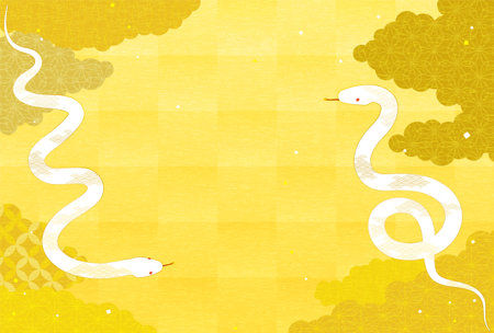 New Year's card for the year of the Snake 2025, with two white snakes and a Japanese pattern sea of clouds, Vector Illustrationのイラスト素材