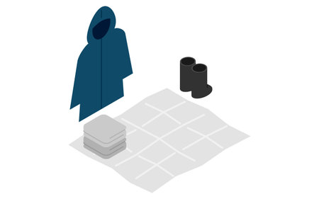 Eemergency kit of Rain gear (raincoat and boots), towel and sheet, simple isometric illustration, Vector Illustrationのイラスト素材