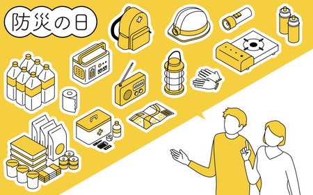 Illustration of image of man and woman discussing disaster prevention, isometric - Translation: Disaster Preparedness Day (September 1st)のイラスト素材