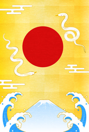New Year's greeting card for the year of the snake 2025, snake, Fuji, the first sunrise and waves, New Year postcard material, Vector Illustrationのイラスト素材
