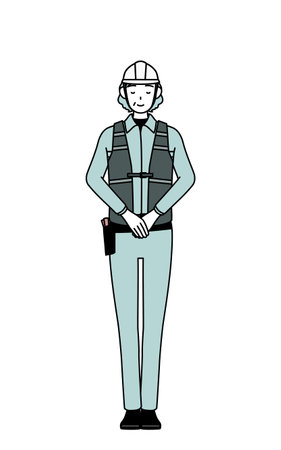 Senior female engineer in helmet and work wear bowing with folded hands, Vector Illustrationのイラスト素材