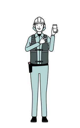 Senior female engineer in helmet and work wear recommending cashless online payments on a smartphone, Vector Illustrationのイラスト素材