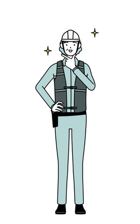 Senior female engineer in helmet and work wear in a confident pose, Vector Illustrationのイラスト素材