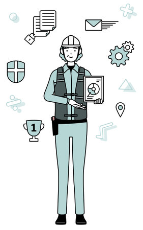 Image of DX, Senior female engineer in helmet and work wear using digital technology to improve her business, Vector Illustrationのイラスト素材