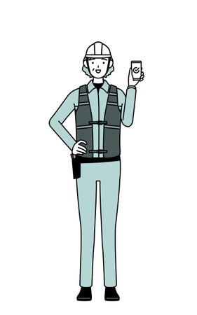 Senior female engineer in helmet and work wear using a smartphone at work, Vector Illustrationのイラスト素材