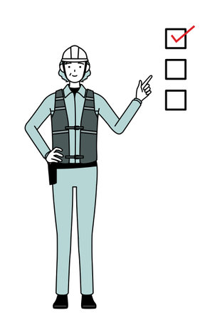 Senior female engineer in helmet and work wear pointing to a checklist, Vector Illustrationのイラスト素材