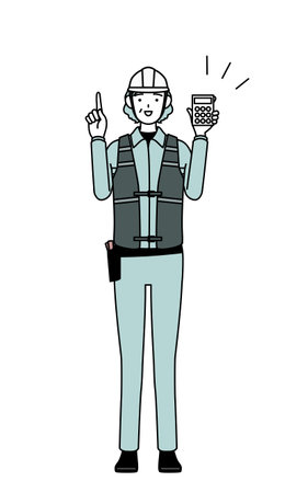 Senior female engineer in helmet and work wear holding a calculator and pointing, Vector Illustrationのイラスト素材
