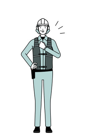 Senior female engineer in helmet and work wear tapping her chest, Vector Illustrationのイラスト素材