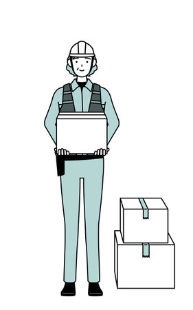 Senior female engineer in helmet and work wear working to carry cardboard boxes, Vector Illustrationのイラスト素材