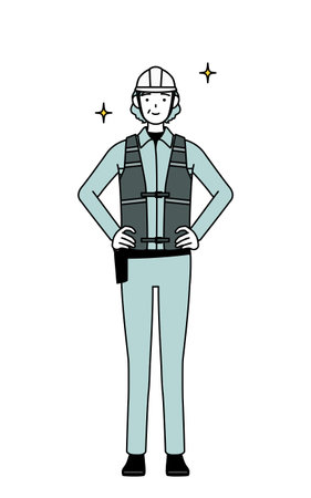Senior female engineer in helmet and work wear with her hands on her hips, Vector Illustrationのイラスト素材