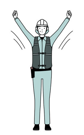 Senior female engineer in helmet and work wear doing radio calisthenics, preparation for accident prevention, Vector Illustrationのイラスト素材