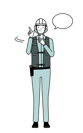 Senior female engineer in helmet and work wear operating a smartphone, Vector Illustrationのイラスト素材