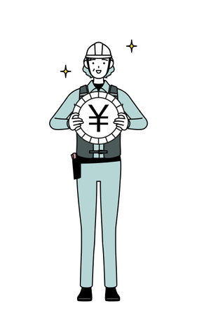 Senior female engineer in helmet and work wear an image of foreign exchange gains and yen appreciation, Vector Illustrationのイラスト素材