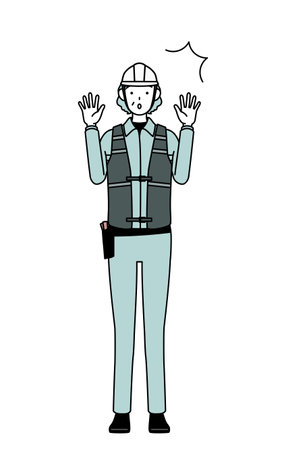 Senior female engineer in helmet and work wear raising her hand in surprise, Vector Illustrationのイラスト素材