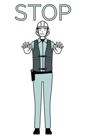 Senior female engineer in helmet and work wear with her hands out in front of her body, signaling a stop, Vector Illustrationのイラスト素材