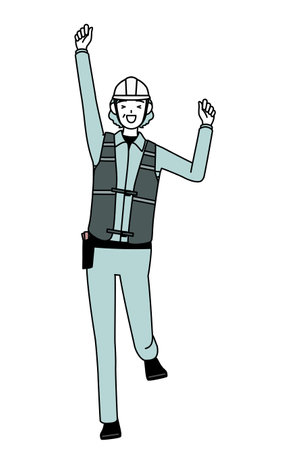 Senior female engineer in helmet and work wear smiling and jumping, Vector Illustrationのイラスト素材