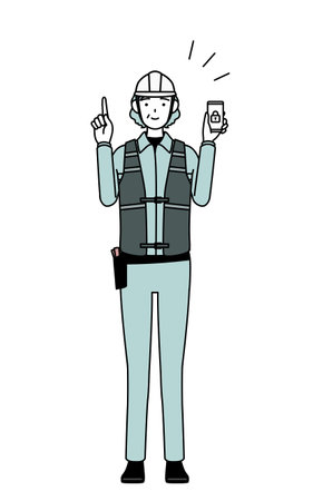 Senior female engineer in helmet and work wear taking security measures for her phone, Vector Illustrationのイラスト素材