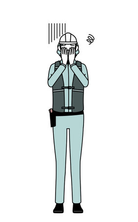 Senior female engineer in helmet and work wear covering her face in depression, Vector Illustrationのイラスト素材