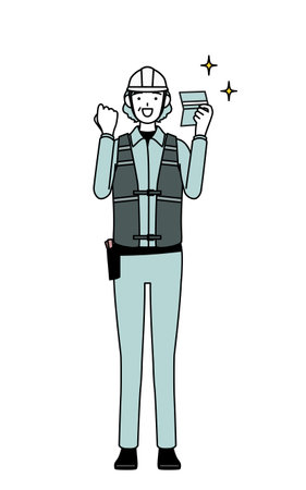 Senior female engineer in helmet and work wear who is pleased to see a bankbook, Vector Illustrationのイラスト素材