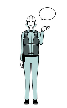 Senior female engineer in helmet and work wear giving directions, with a wipeout, Vector Illustrationのイラスト素材