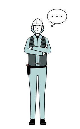 Senior female engineer in helmet and work wear with crossed arms, deep in thought, Vector Illustrationのイラスト素材