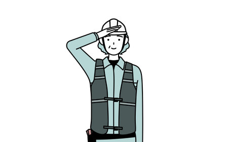 Senior female engineer in helmet and work wear making a salute, Vector Illustrationのイラスト素材