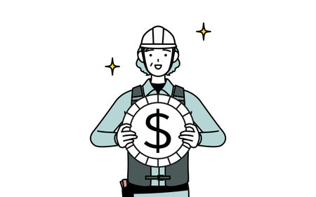 Senior female engineer in helmet and work wear with images of foreign exchange gains and dollar appreciation, Vector Illustrationのイラスト素材