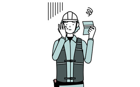 Senior female engineer in helmet and work wear looking at her bankbook and feeling depressed, Vector Illustrationのイラスト素材