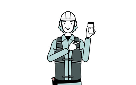 Senior female engineer in helmet and work wear recommending cashless online payments on a smartphone, Vector Illustrationのイラスト素材