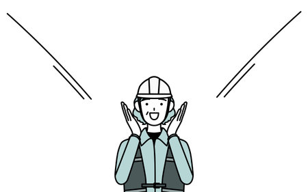 Senior female engineer in helmet and work wear calling out with her hand over her mouth, Vector Illustrationのイラスト素材