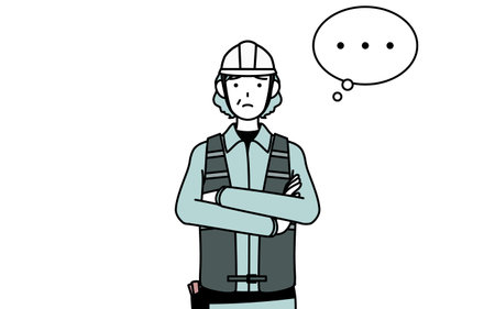 Senior female engineer in helmet and work wear with crossed arms, deep in thought, Vector Illustrationのイラスト素材