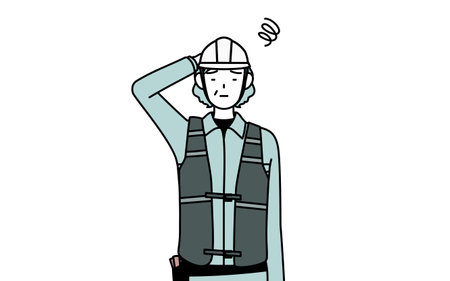 Senior female engineer in helmet and work wear scratching her head in distress, Vector Illustrationのイラスト素材