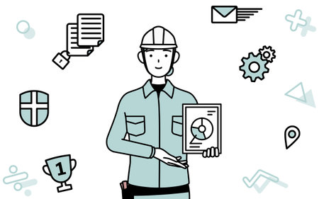 Image of DX, Female engineer in helmet and work wear using digital technology to improve her business, Vector Illustrationのイラスト素材