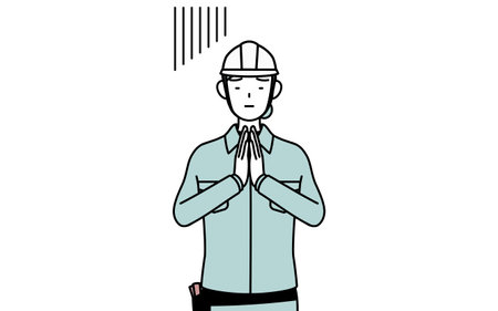 Female engineer in helmet and work wear apologizing with her hands in front of her body, Vector Illustrationのイラスト素材