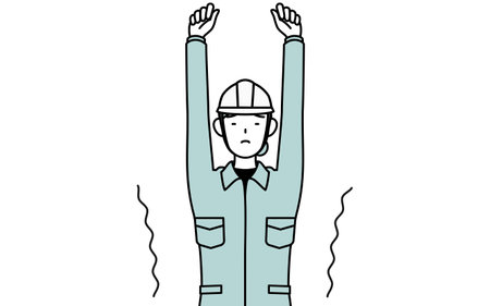Female engineer in helmet and work wear stretching and standing tall, Vector Illustrationのイラスト素材